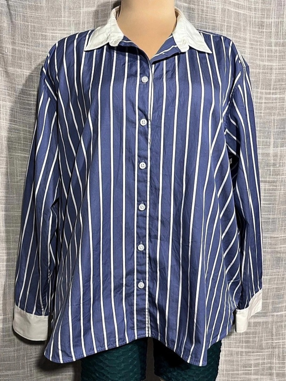 SPANX Striped Button Down Cotton Shirt in Blue & White XL Like New